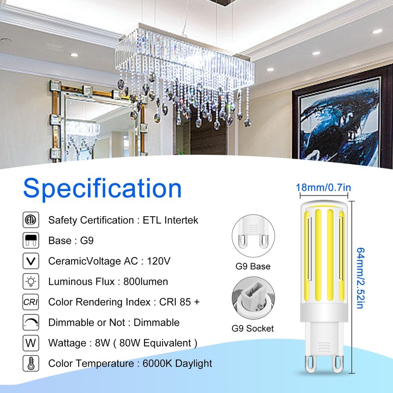 LFLAMPON G9 LED Light Bulbs 8W, G9 Bi Pin Base