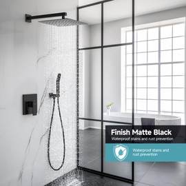SR SUN RISE Shower Faucet Set & System - 12 Inch Rainfall Shower Head & Handle Set Wall Mounted Matte Black Solid Brass Valve Trim Kit Included