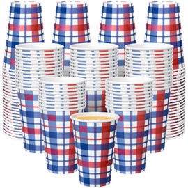 Tioncy 50 Pcs 12oz Patriotic Paper Cups, Red White Blue Gingham Disposable Checkered Coffee Cup for Patriots Day for Patriotic Party Supplies Decoration Hot Cold Drink Home BBQ Camp Drink Decorations