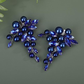 Teyglen 2pcs Blue Pearl Crystal Hair Barrette Bridal Rhinestone Hair Clips for Bride Wedding Hair Accessories for Women Elegant Hairpins Party Prom Side Headpiece (Blue)