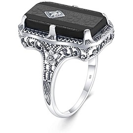 SZJINAO Women Sterling Silver Ring Rectangular Agate Onyx Gemstone Art Deco Engagement Wedding Jewellery Christmas New Year (Black, 8)