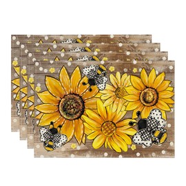 Artoid Mode Wood Sunflower Bee Flower Polka Dot Summer Placemats Set of 4, 12x18 Inch Table Mats for Table Runner Party Kitchen Dining Decoration