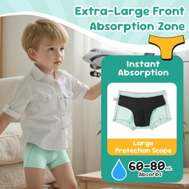 Carer Boys Incontinence Underwear Washable with Front Absorbent 80ML Breathable Cotton Absorbent Underwear for Kids 5 Pack Reusable Waterproof Incontinence Underwear for Boys Age 4-18, Large