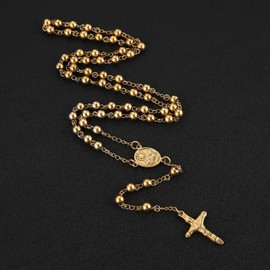 HZMAN Gold Rosary Beads Cross Necklace for Women Stainless Steel Heavy Crucifix Virgin Mary Y Shape Necklaces Jewelry