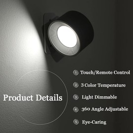 Black Wall Lamp, Battery Wall Sconces with Remote & 360° Rotation, 3Color Temp/Dimmable LED Lights, USB Rechargeable Cordless for Bedroom, LivincRoom,Stairway,Pictures (White)