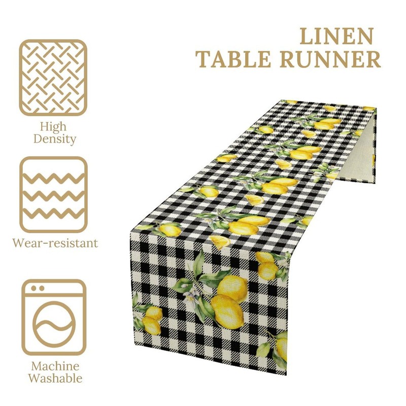 Fresh Lemon Table Runner, Yellow Lemon Black White Buffalo Check