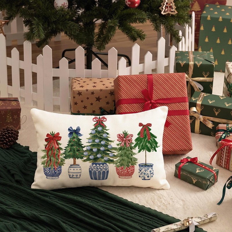 Christmas Blue Porcelain Lumbar Pillow Cover 12x20 Inch 1 Piece