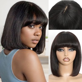 REMESSE Short Bob Wig with Bangs Human Hair Glueless 180% Density Middle Part Upgraded 2x1 Realistic Scalp Lace Wigs Natural Color Bob Wig Human Hair With Bangs for Women 10 Inch