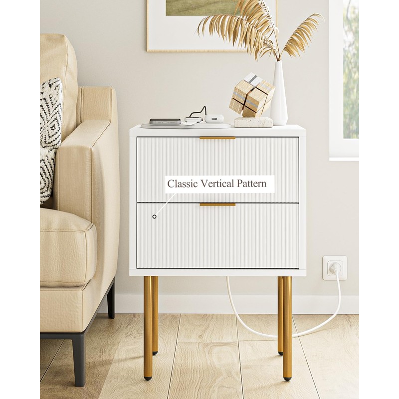 Masupu Nightstand with Charging Station,Mid-Century Modern Bedside Table with 2