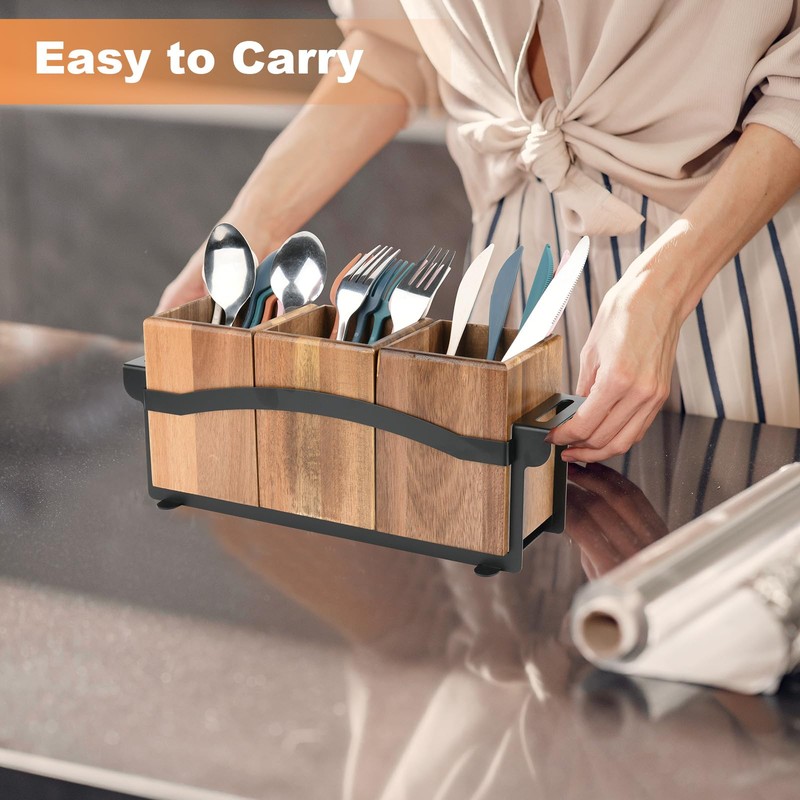 Beautyflier Kitchen Utensil Holder, Silverware Cutlery Caddy with 3 Compartment,