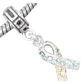 Charm - Sterling Silver - Jewelry - Pendant - Down Syndrome Yellow Blue Crystal Ribbon