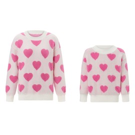 Mommy and Me Matching Outfits Valentine Heart Sweaters Long Sleeve Round Neck Pullovers Knit Tops (Daughter, Beige, 5-6 Years)