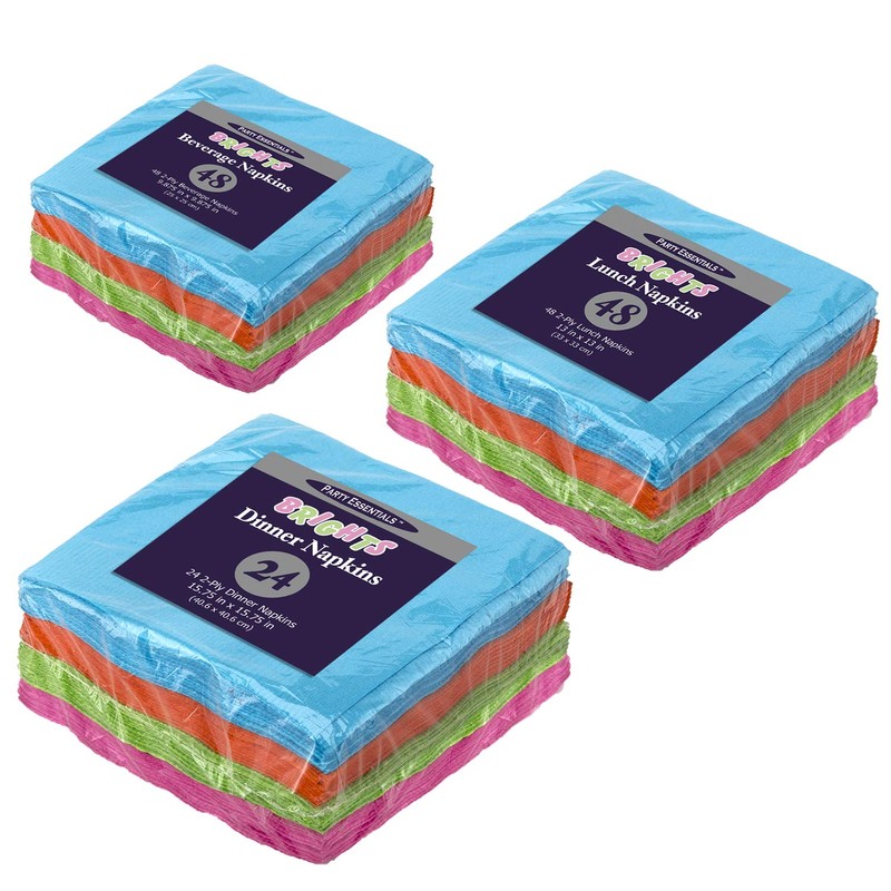 Party Essentials 2-Ply Paper Cocktail Beverage Napkins, Assorted Neon Brights,