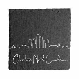 Blue Ridge Mountain Gifts - Charlotte NC Skyline Coasters, Set of 4 - Charlotte North Carolina Souvenir, Slate Coasters with Minimalist Skyline, Housewarming Gift for Friends, Family, & Neighbors