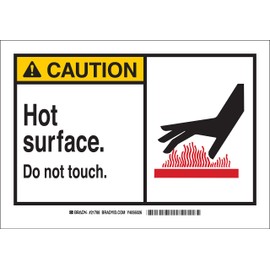 Brady 46464 7" Height, 10" Width, B-555 Aluminum, Black And Red On White Color Alert Sign, Legend "Caution, Hot Surface Do Not Touch (With Picto)"