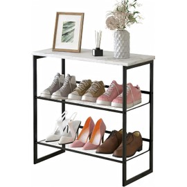 Garden 4 you Shoe Rack for Entryway 3 Tiers 11.8" D x 25" W x 20" H, Metal Shoe Rocks with White Wooden Tabletop, Angled Shoes Rack with Adjustable Mesh Shelves for Entryway Hallway Closet