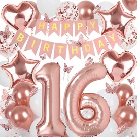 Rose Gold Sweet 16 Birthday Decorations for Girl, Sweet Sixteen Birthday Sign with Happy Birthday Banner, 40In Number 16 Foil Birthday Balloons, Butterfly Decorations, Heart and Star Balloons