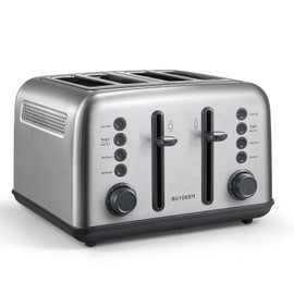 BUYDEEM DT640 Retro 4 Slice Toaster, 7 Shade Settings, Extra Wide 1.5'' Slots, Stainless Steel Toaster with Bagel Muffin Defrost Reheat Function, Retro Silver
