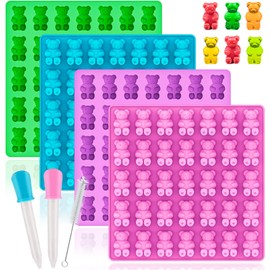 HKUCFTT Large Gummy Bear Molds Silicone - Food-Grade Non-Stick Candy Molds Large Fruit Snacks Molds BPA Free with 2 Droppers & 1 Cleaning Brush, Set of 4