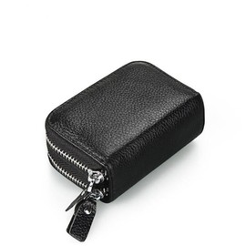 AprinCtempsD RFID Blocking Women's Credit Card Holder Genuine Leather Ladies Small Coin Purse Men's Mini Card Wallet with Double Zipper (Black)