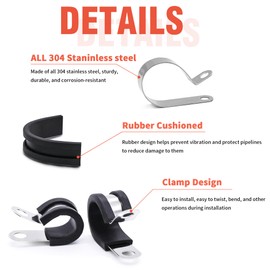 AKIHISA 60pcs 13mm Stainless Steel Cable Clamps, 1/2" 304 Stainless Steel Rubber Coated Cushioned Insulated Cable Clamp, Metal Clamp, Loop Clamps, Pipe Clamp for Wiring, Pipes and Hoses