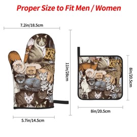Purebred Cats Oven Mitts and Pot Holders Set of 4, Oven Mittens and Potholders Heat Resistant Gloves for Kitchen Cooking Baking Grilling BBQ