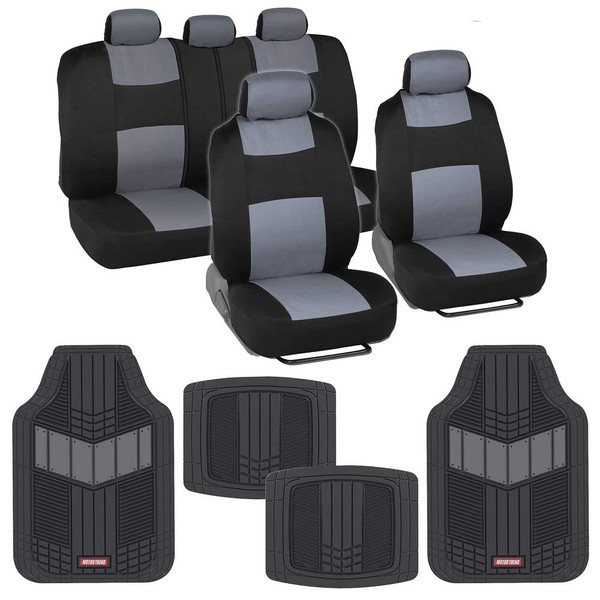BDK Two-Tone PolyPro Car Seat Covers Full Set with Motor Trend Heavy Duty Rubber Car Floor Mats, Black & Gray – Interior Covers for Auto Truck Van SUV
