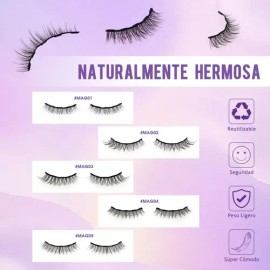 Kit Pestañas Magnéticas 5 Pares Reutilizables Sin Pegamento Fácil De Colocar Volumen Natural Larga Duración