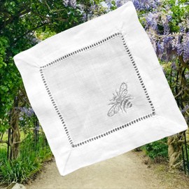 Set of 4 Hemstitch Embroidered White and Beige Linen Cocktail Napkins (6x6 inches) (Bumblebee Silver)