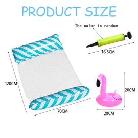 MUNSKT 1 Pack Light Blue Striped Inflatable Pool Hammock Set, Includes Air Pump & Flamingo Cup Holder, 4-in-1 Multi-Purpose Floating Lounger for Pool, Beach & Travel