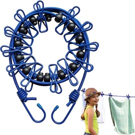 Portable Clothesline with 12 Clothespins, Windproof Travel Clothesline Stretchy Retractable Elastic Laundry Clothes Line for Indoor Laundry Drying line,Outdoor Camping Accessories (Blue)