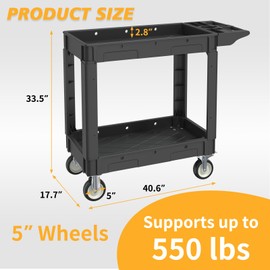 Utility Service Cart, 2 Shelf Heavy Duty Plastic Utility Cart, 550 lbs Capacity Rolling Tool Carts with Wheels for Warehouse, Garage, School, Kitchens, Office (Black, 40.6)