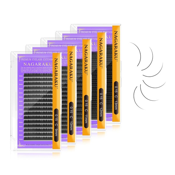 NAGARAKU 5 Trays Eyelash Extensions 0.15mm C curl 9/10/11/12/13mm in 1 pack Individual Classic Faux Mink Lashes Supplies