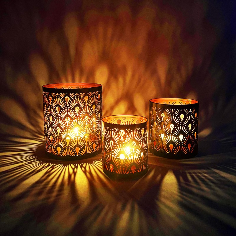 Set of 3 Oriental Tea Light Holders Zalia Metal Black