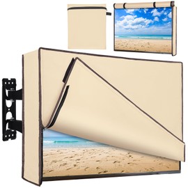 Basumee Outdoor TV Cover Half-Open Front Weatherproof TV Cover for Outside with Waterproof Zipper 600D Fabric Outside Flat Screen Protectors 4 Season, Wheat, 48-50 inches