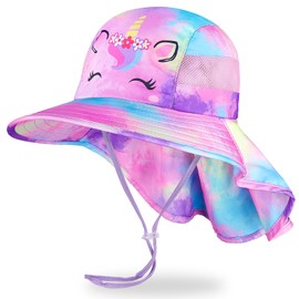 MHJY Kids Sun Hat Girls UV Protection Summer Hats Adjustable Beach Cap Unicorn Bucket Hats with Wide Brim Neck Flap for Toddlers 2-9 Years