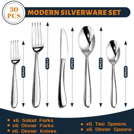 Silverware Set for 6, Heavy Duty 18/10 Stainless Steel Cutlery Set Flatware Set,30 Piece Premium Silverware, Mirror Polished Modern Cutlery include Fork Knife Spoon Set,Dishwasher Safe
