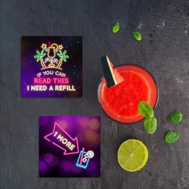 Neon Cocktail Coasters Set - Luxury Gift Box and 4 Round, Wood, Cork Backed 10 cm Diameter Drink Coasters - Themed Neon Cocktail Coaster Boxed Set Gifts