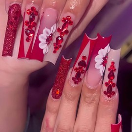 RTKHFZE Red Press on Nails Long Fake Nails Square Extra Long Nails Press ons with Flower And Rhinestones Design Glitter Acrylic Nails Artificial Nails