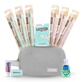 Denterity 11-Piece Braces Care Kit for Teens & Adults – 6 U-Shaped Toothbrushes, Wax Dots, Wax Strips, Travel Toothpaste, Mouthwash & Pouch – Orthodontic Travel Essentials