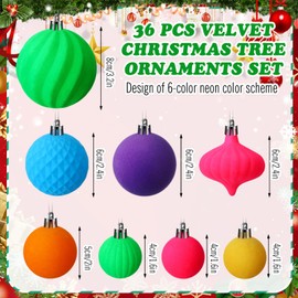 Soulchen Neon 36 Pcs Velvet Christmas Ornaments Set Colorful Flocked Christmas Ball Tree Ornaments Assorted Shatterproof Hanging Baubles Decorations for Xmas Party Holiday Decor