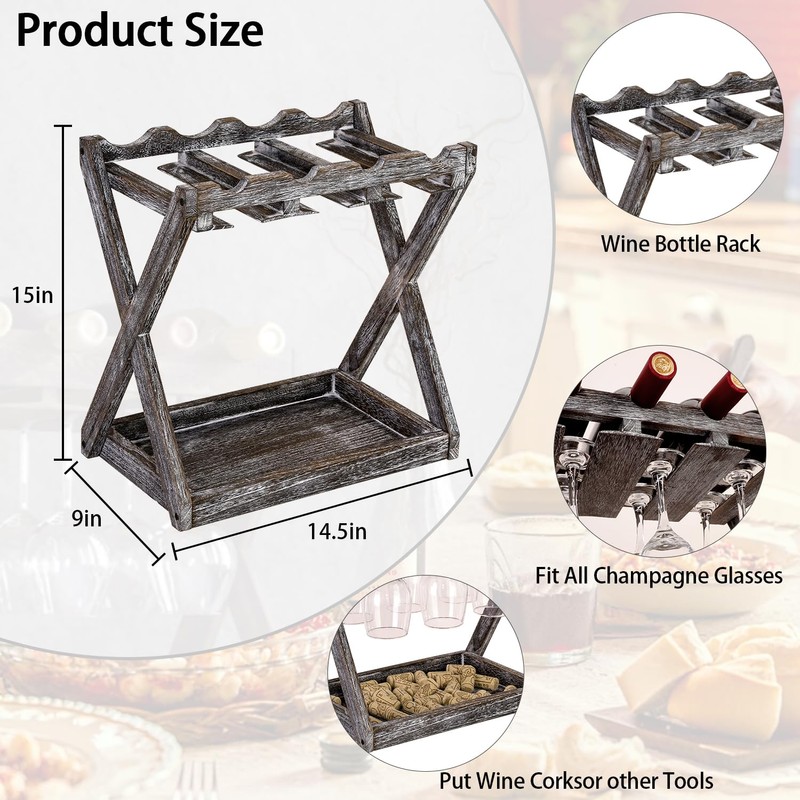 WDSHIYI Rustic Wood Wine Rack for 4 Bottles and 6