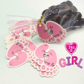 LEZIEBIRE 50 pcs Thank You Baby Shower Tags Paper Gift Tags Gender Reveal It's a Girl Party Favors Decoration with 11m Gold String Baby Feet Pink