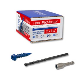 FixMaster 1/4 x 1-1/4" Hex Head Blue Concrete Screw Anchors (100 pcs Screw Kit) with one Screwdriver and Drill Bit for Concrete, Masonry, Block, Brick and Wood Fastening