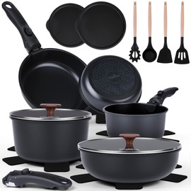 20-Piece Ceramic Nonstick Cookware Set | Detachable Handle, Stackable for RV | Oven & Dishwasher Safe