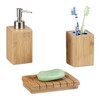 Relaxdays Badaccessoires Bambus, 3-teiliges Badezimmer Set aus Seifenspender, Seifenschale u.