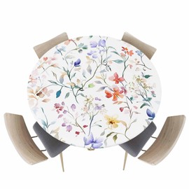 Zankwfner Elastic Fitted Tablecloth Spring Floral Leaves Stretch Waterproof Wipeable Table Cover for Outdoor Indoor Picnic Camping for 55"-60" Round Tables, Wildflowers Pink Blue Purple