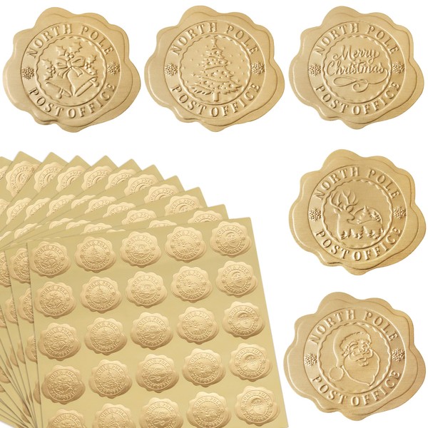 DreamBuilt 300pcs Gold Christmas Embossed Wax Seal Looking Envelope Seals for Gifts Packages/Party Favors, Self-Adhesive
