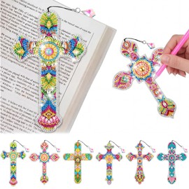 Ireer 6 Pcs Cross 5d Diamond Art Bookmarks for Adult DIY Painting Kit Christmas Religious Christians Gifts Crystal Cross Diamond Bookmarks for Reading Lover Home Office DIY Crafts, 6 Styles