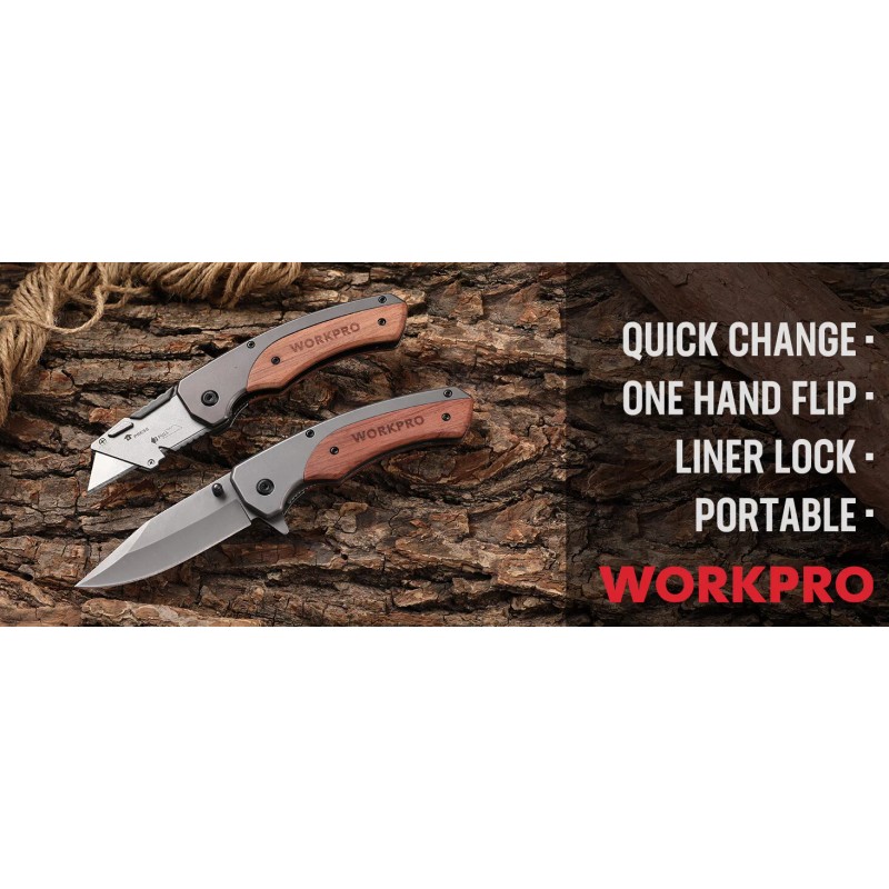WORKPRO Folding Utility Knife & EDC Pocket Knife Wood Handle